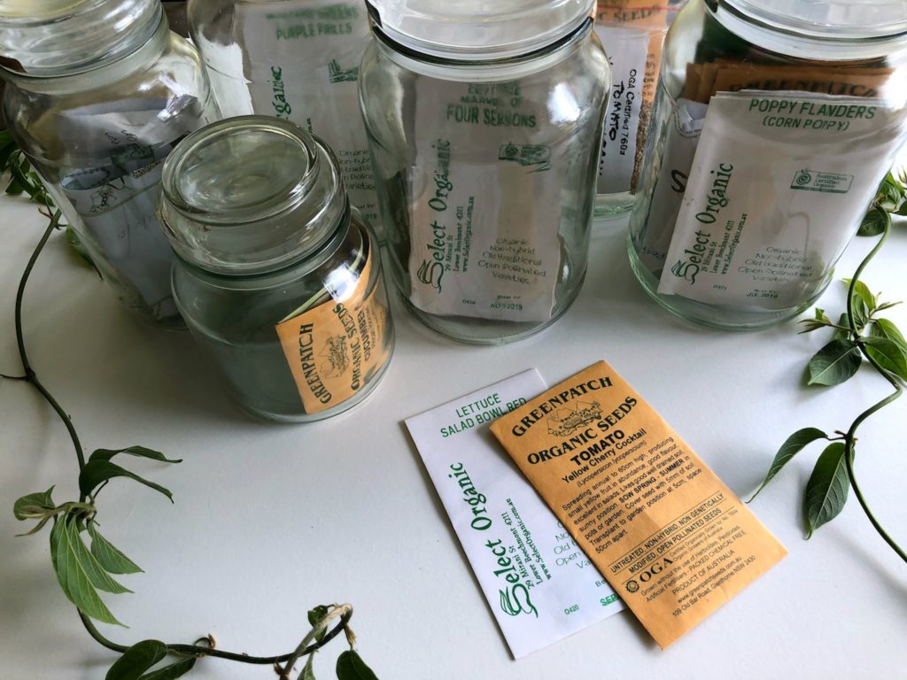 Seed packets in glass jars. Gardening tips for January: inventory your seed bank.